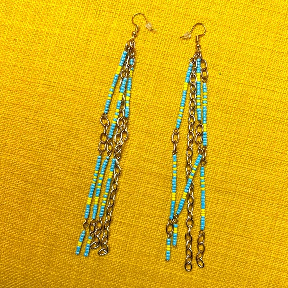 Handcrafted beaded gold tone blue yellow  earrings 💛💙 maxi 5.5” long 🆕 - Picture 1 of 7